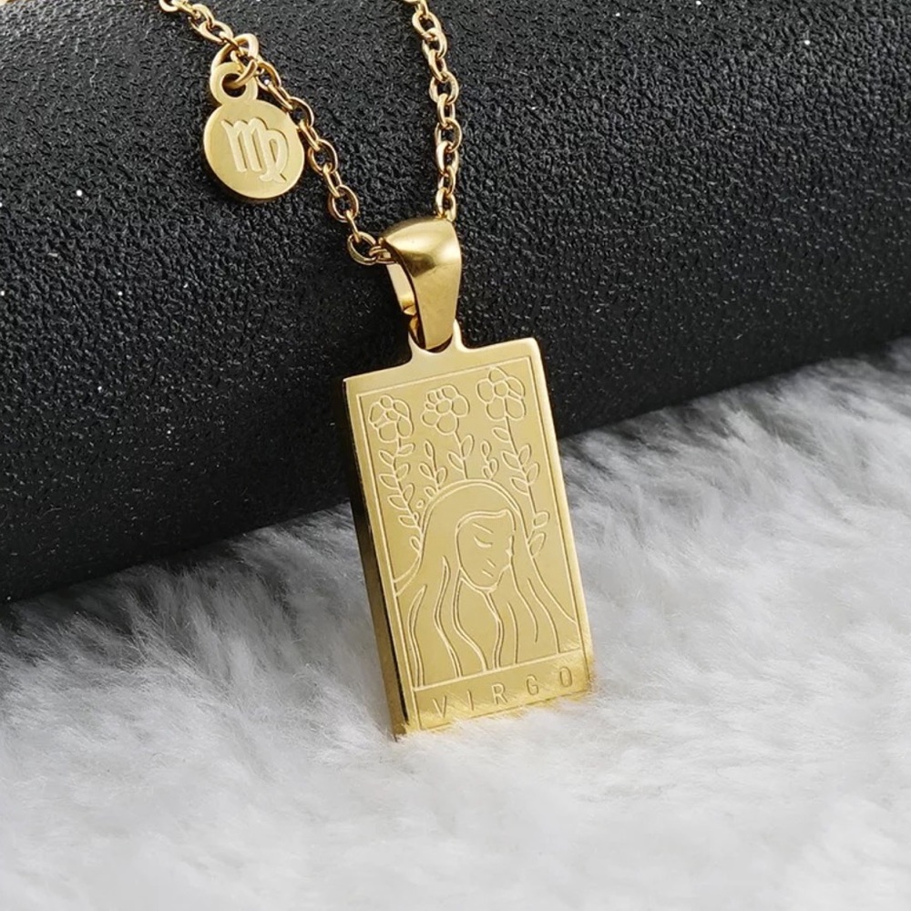 18k Gold Zodiac Necklace • Dainty Tag Pendant Necklace • Spiritual, Friend Tarot